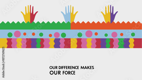 Vibrant abstract hand silhouettes layered collage with colorful geometric patterns and diverse