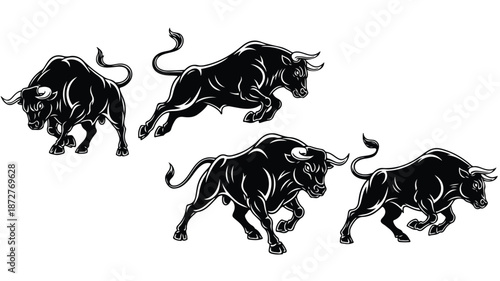 Four black bull illustrations in dynamic running poses on a white background with bold lines.