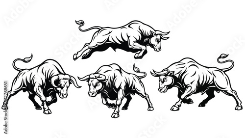 Four black and white illustrations of bulls in various aggressive and dynamic poses on a plain white background with bold lines and shading.