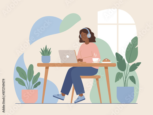Modern Flat Illustration of Freelancer Working on Laptop in Cozy Cafe with Coffee