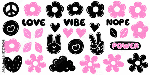 A collection of playful stickers featuring flowers hearts and positive messages