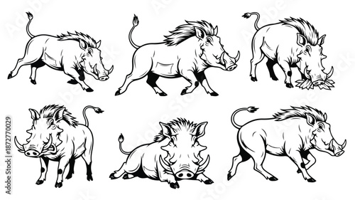 Black and white illustration of six warthogs in various poses on a plain white background with bold lines and dynamic movements.