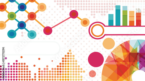 Abstract creative business background with colorful data visualization elements, financial charts, graphs and network connections.