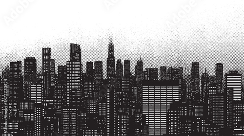 Monochromatic Cityscape with Towering Skyscrapers and Urban Architecture.