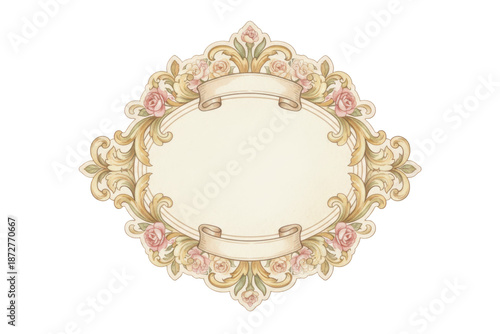 Elegant ornamental frame design featuring floral and scroll elements with blank banner space