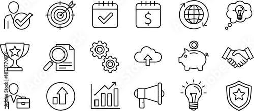 Black line icons for business and finance including planning, innovation, savings, and teamwork, isolated on white background