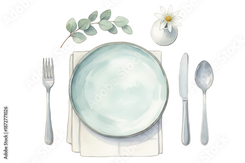 Elegant Table Setting Watercolor Illustration with Utensils and Floral Decoration Details