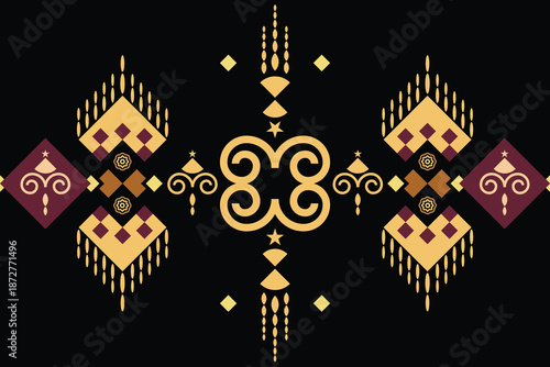 Luxury Geometric Ethnic Ornament Seamless Pattern in Gold and Burgundy on Black