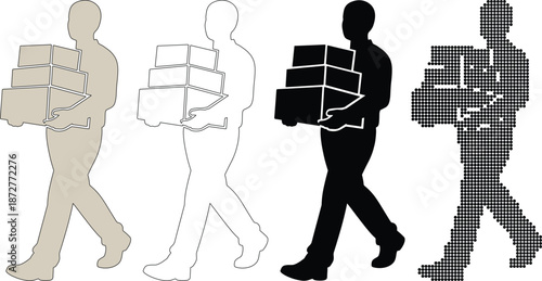 Delivery Man Carrying Boxes Silhouette Set for Logistics Shipping and Moving Services