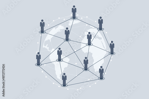Global business network concept with people icons connected around the world map. Flat vector illustration of international communication, remote work, and social connection.