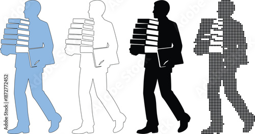 Busy Worker Carrying Huge Stack of Paperwork and Folders Silhouette Set