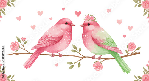 Two colorful pink and green birds sitting on a branch with flowers