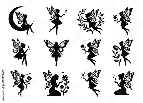Fairy silhouette illustration set, magical winged fantasy characters, black white fairy tale art, decorative mystical nature design