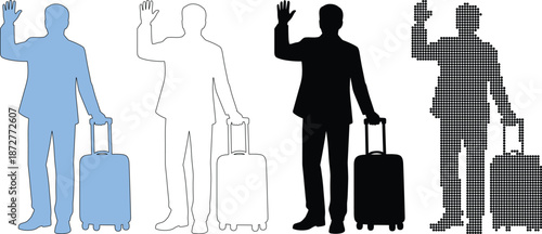 Businessman with suitcase waving hand, travel and departure silhouettes set