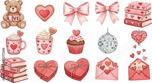 Valentine s day themed illustrations of gifts and treats for loved ones