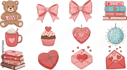 Valentine s day themed illustrations of gifts and treats for loved ones