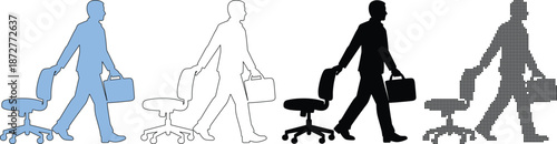 Man moving with office chair and briefcase silhouettes, career transition concept