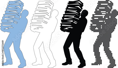 Man carrying heavy stack of books silhouettes, education and heavy workload concept