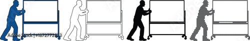 Man pushing whiteboard on wheels silhouettes, presentation and office meeting concept