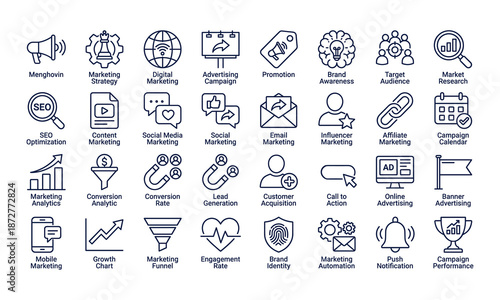 Marketing and digital marketing line icons set, SEO advertising analytics strategy symbols, business promotion outline UI collection
