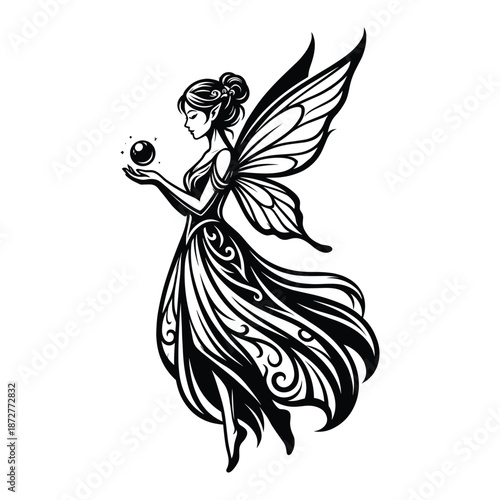Mystical fairy silhouette illustration, magical fantasy woman with wings, elegant black white art, decorative tattoo style design