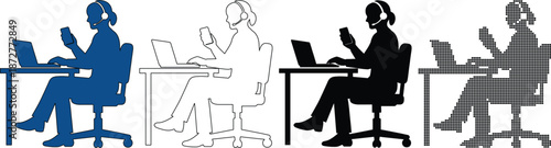 Woman wearing headset working on laptop silhouettes, customer support concept