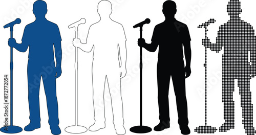 Man standing with microphone silhouette set, public speaking and presentation concept