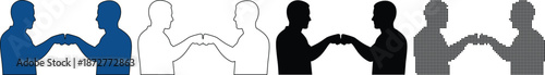 Collection of icons with two male silhouettes fist bumping for business deal and teamwork concept