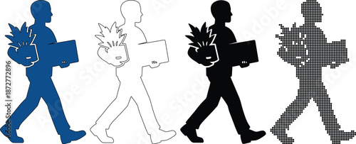 Man silhouette walking with a cardboard box containing office plants and documents for resignation
