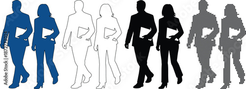 Professional business man and woman silhouettes walking with folders for corporate concept