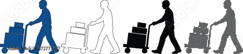 Logistic worker silhouette icons pushing a hand truck with cardboard boxes for delivery concept
