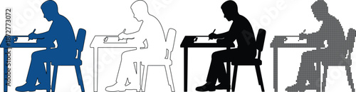 Silhouette of a person sitting at a desk and writing on a clipboard for survey and exam concept