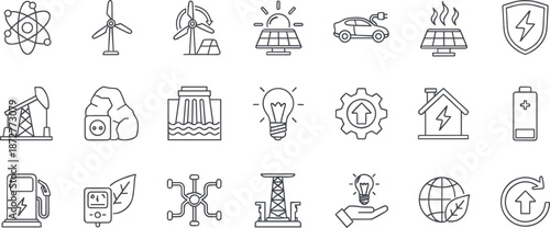 Black line icons for energy and sustainability including renewable sources, efficiency, and conservation, isolated on white background