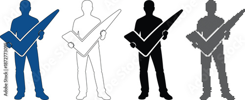 Silhouette icons of a person holding a large check mark for success and completion concept