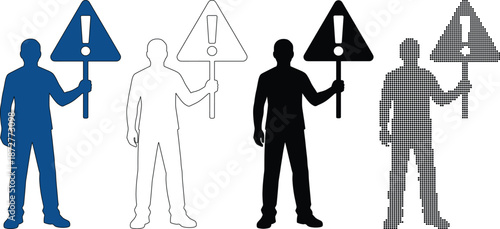 Man silhouette holding a triangle warning sign with exclamation mark for alert and safety concept