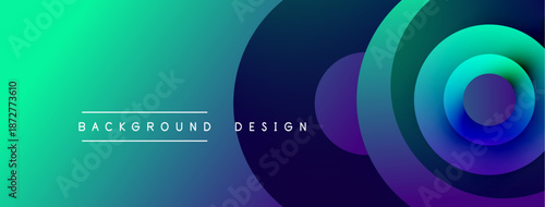 Abstract gradient background. Turquoise transitions to purple, featuring concentric circles. Text reads background design. Minimalist, modern aesthetic.