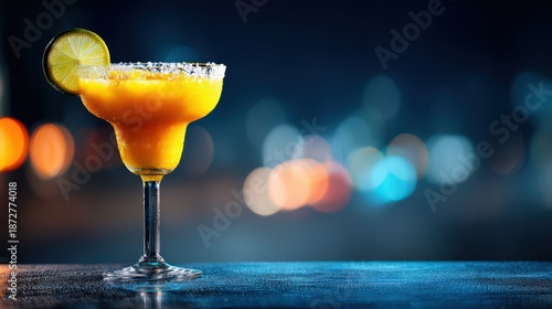 Frozen citrus beverage rests on a dark surface against a nighttime city backdrop