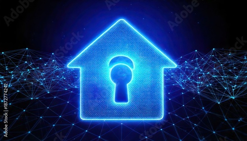 Futuristic Smart Home Security Concept with Glowing House Icon.