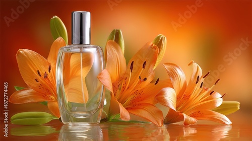 Glass perfume bottle rests among vibrant orange lily blossoms with a warm blurred background