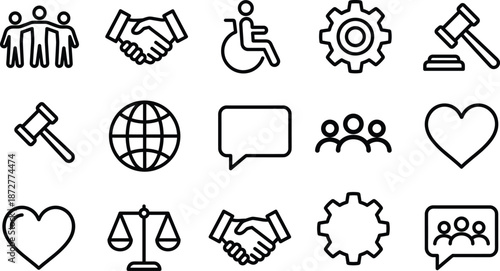 Black line icons for social values and communication including justice, accessibility, community, and dialogue, isolated on white background