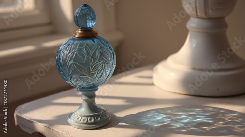 Ornate antique perfume bottle casts patterned light onto a white surface near a lamp base
