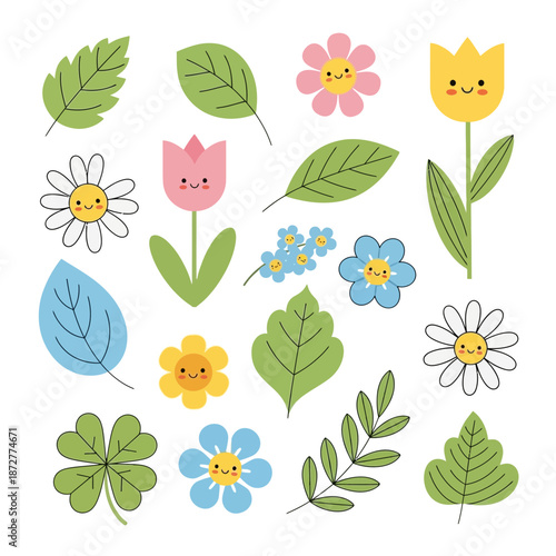 Cute Kawaii Flowers and Leaves Collection
