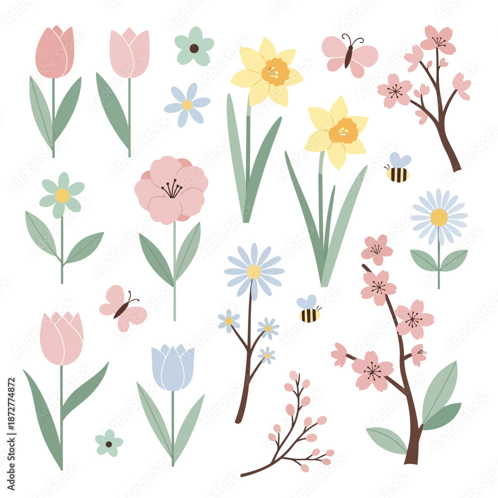 custom made wallpaper toronto digitalSpring floral elements: tulips, daffodils, cherry blossoms, butterflies, bees