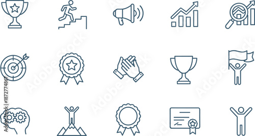 Black-and-white icons set representing achievement, success, motivation, and recognition for education, business, and personal development design