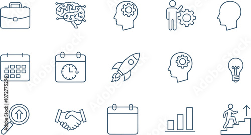 Black-and-white icons set representing business, productivity, and personal development for strategy visuals, presentations, and UI design