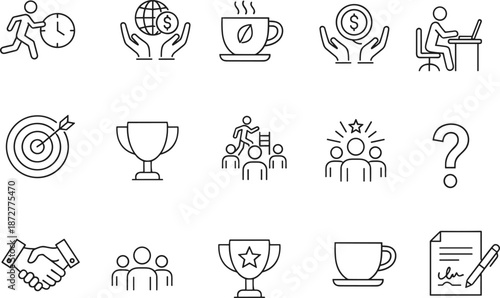Black-and-white icons set representing business, productivity, teamwork, and achievement for strategy visuals, presentations, and digital platforms
