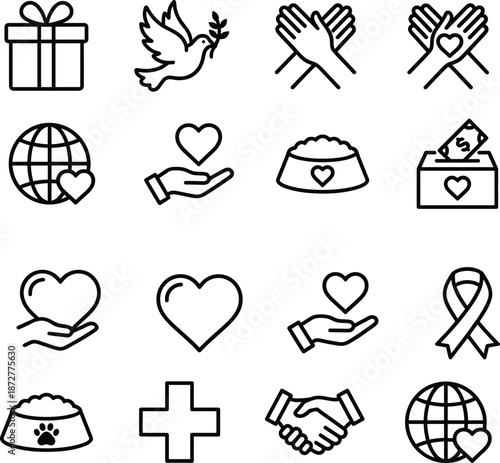 Black-and-white icons set representing charity, kindness, and humanitarian support for nonprofit branding, awareness campaigns, and social impact design