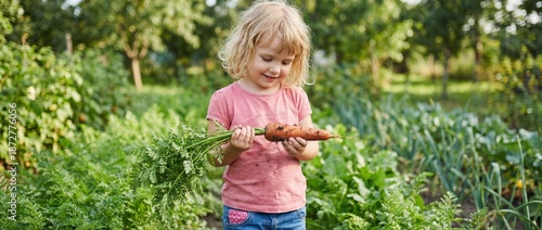 A young girl holding freshly picked vegetables in a lush garden surrounded by greenery