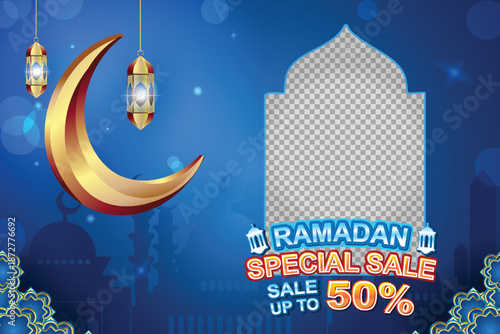 Ramadan Sale Vector Template  Festive Ramadan celebration, featuring traditional Islamic elements and Arabic lamps. Suitable for banners, posters, and internet advertising.