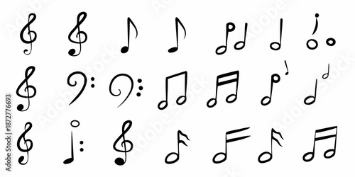 Collection of various black musical notes and symbols on a white background